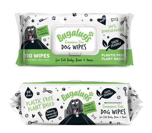 Bugalugs® 100% Biodegradable Dog Wipes – Fragrance-Free Grooming Wipes for Face, Paws, Ears & Bum (110-Count)