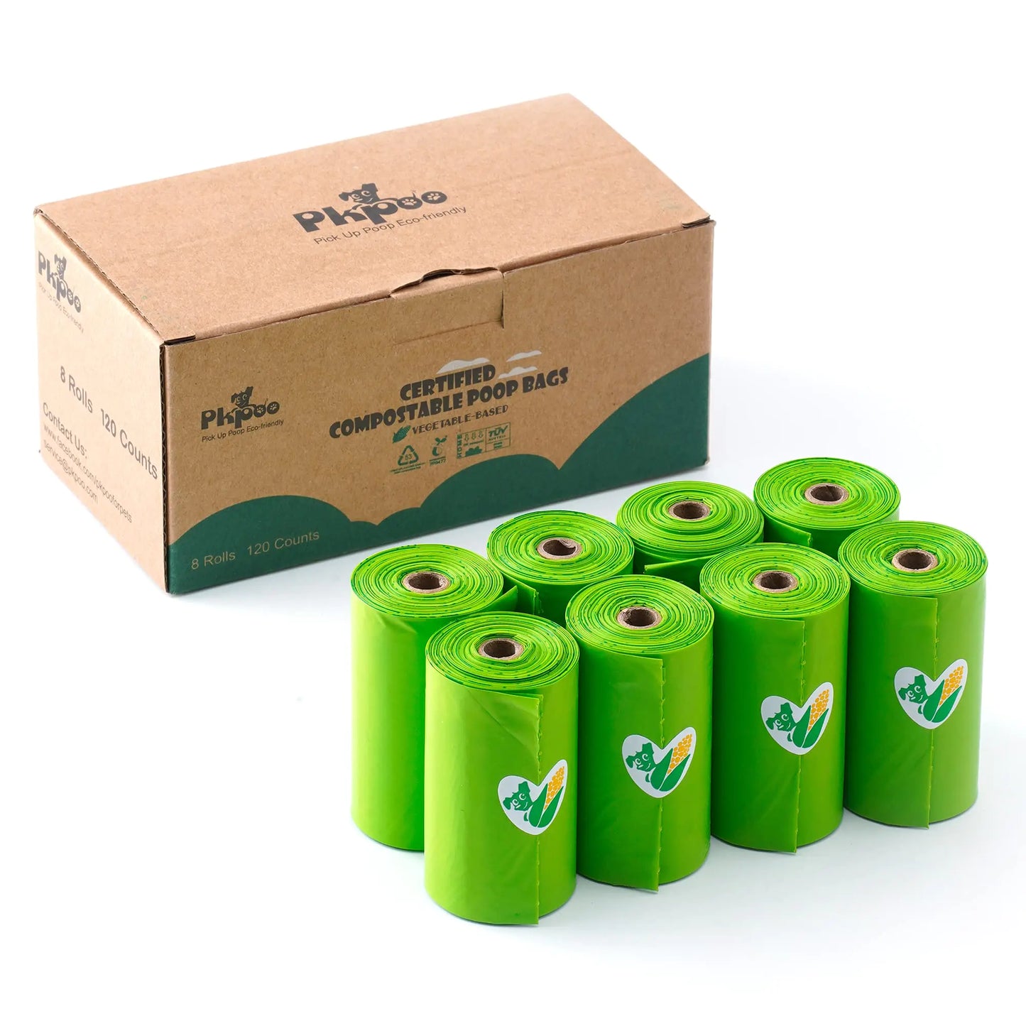 Pkpoo Compostable Dog Poop Bags – 120 Extra-Thick Plant-Based Waste Bags (Unscented, 100% Leak-Proof)